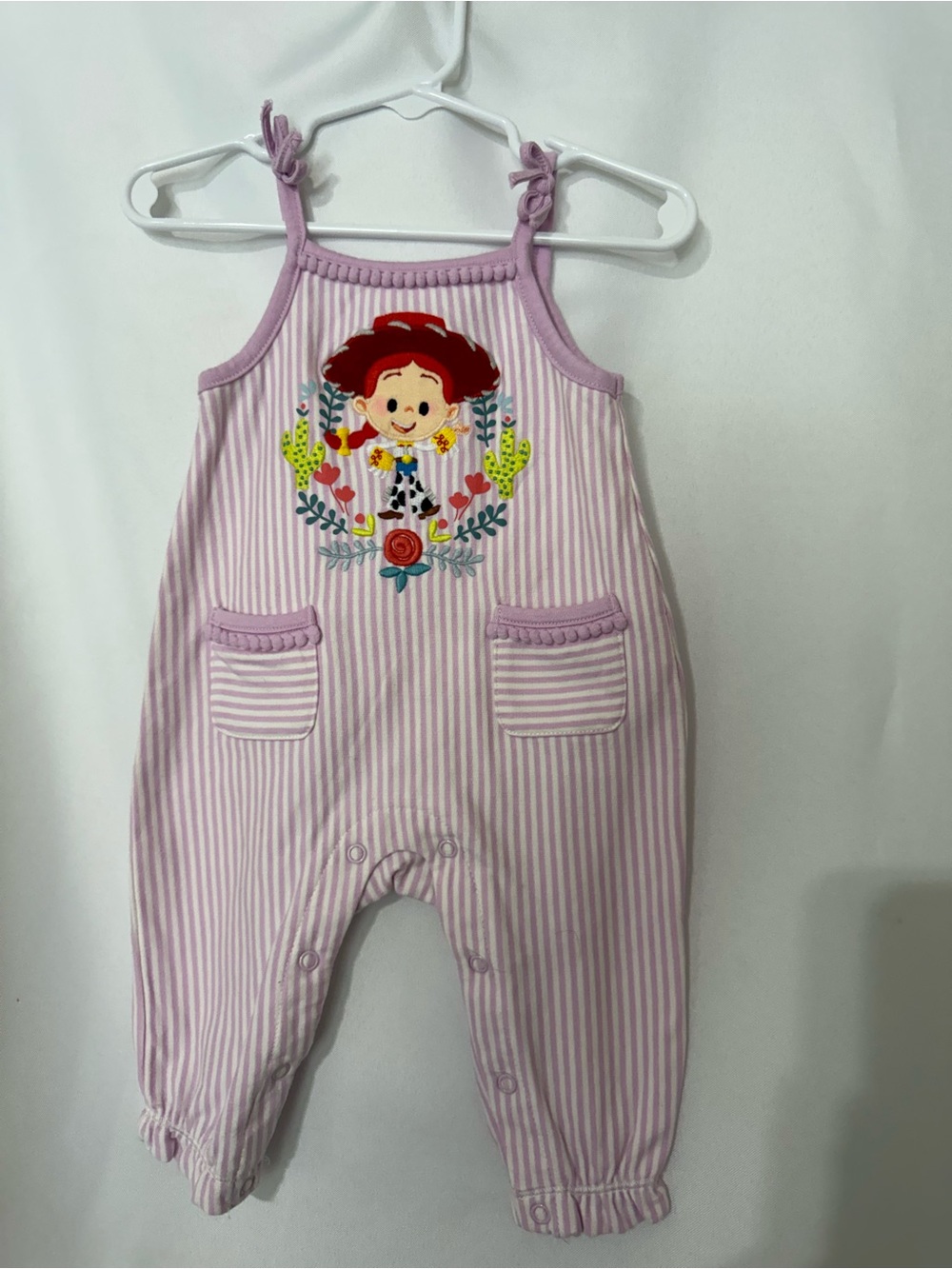 Disney Pink & White Striped Baby Overalls with Baby Jessie (Toy Story)